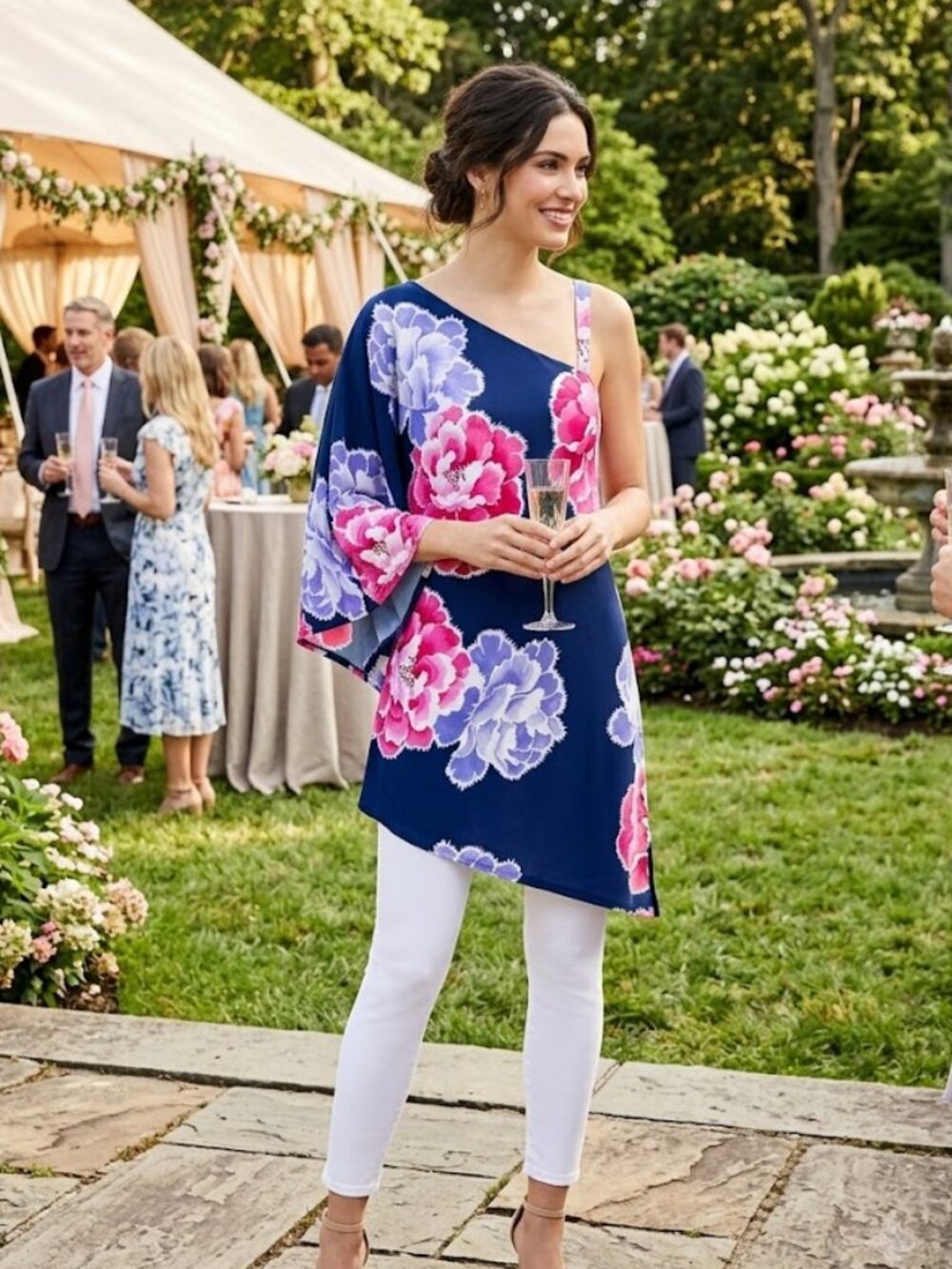 Natori Navy One-Shoulder Tunic with Pink & Lavender Floral Print